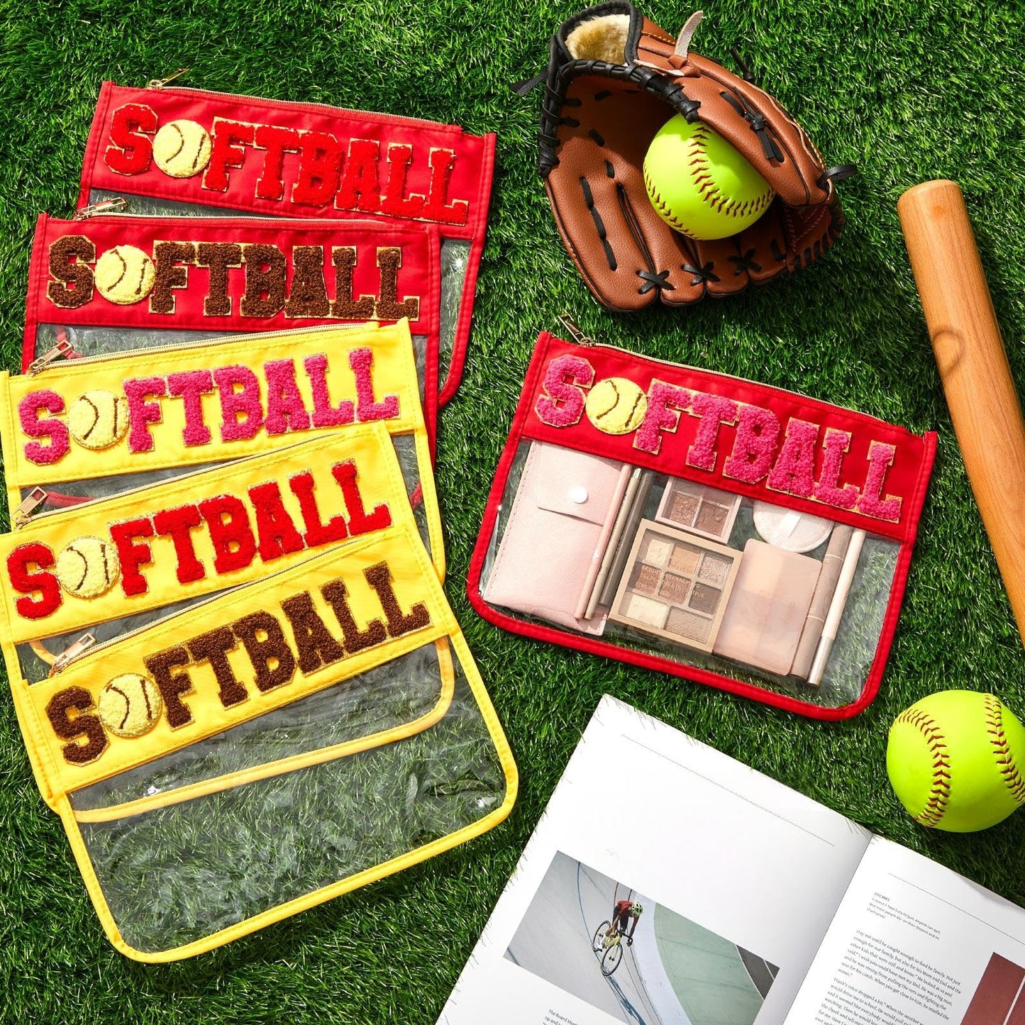 Aliceset 6 Pcs Softball Chenille Letter Preppy Patch Makeup Snack Bags, Gift for Women Waterproof PVC Cosmetic Organizer Storage, Flat Clear Portable Toiletry Zipper Pouch(Red, Yellow)