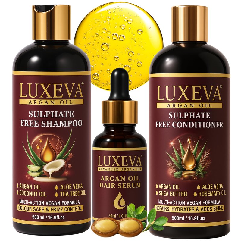 LUXEVA Professional Damage Repair System - 3 in 1 Argan Oil Sulfate Free Shampoo, Conditioner & Repair Serum Set - 72-Hour Hair Transformation for Severely Damaged, Color-Treated & Processed Hair