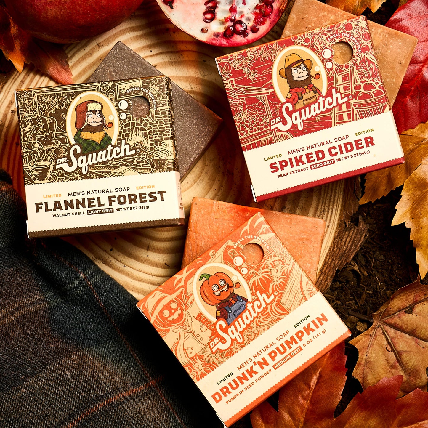 Dr. Squatch Fall Collection - Natural 3 Soap Gift Set - Cold Process Soap with No Harsh Chemicals - Drunk'n Pumpkin, Spiked Cider, Flannel Forest (3 Pack)