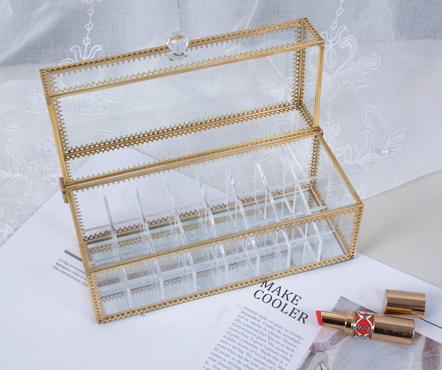 FSyueyun Glass Lipstick Organizer Holder with 24 Slot, Dust Free Vanity Lip Gloss Lipstick Eye Liner Makeup Display Cases Decoration for Dresser Countertop