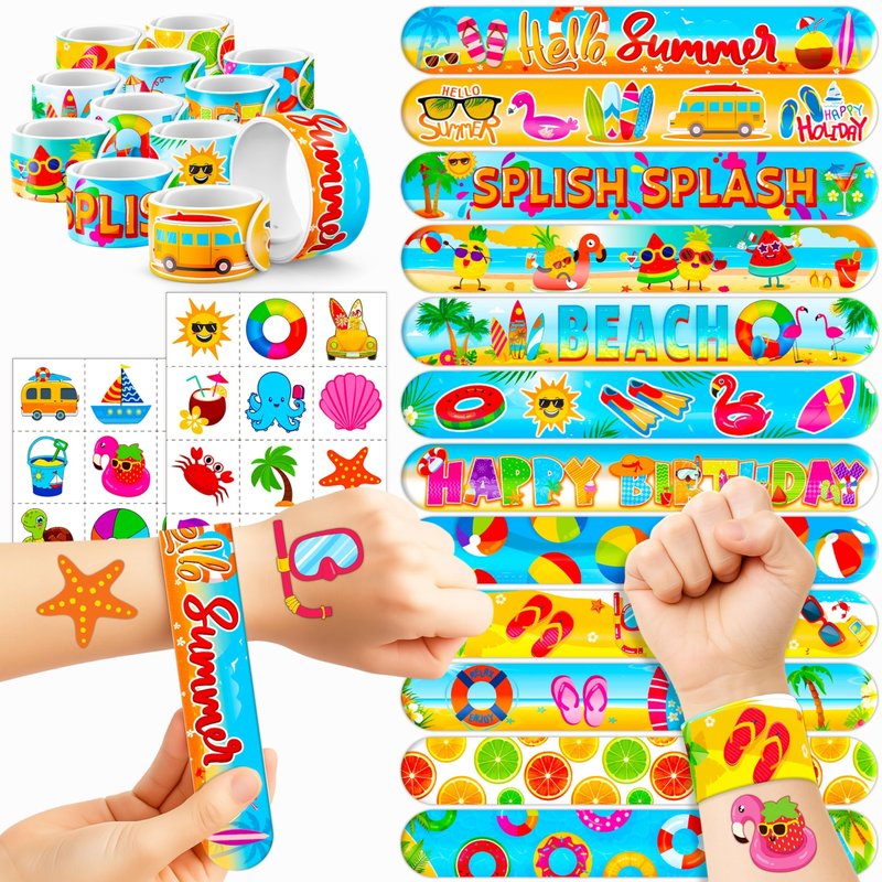 Cherisnowy 48PCS Beach Party Favors – 24PCS Temporary Pre - cut Tattoos & 24PCS Slap Bracelets – Summer & Ocean-Themed Birthday Supplies, Baby Shower Gifts, Classroom Rewards & Party Decor for Kids