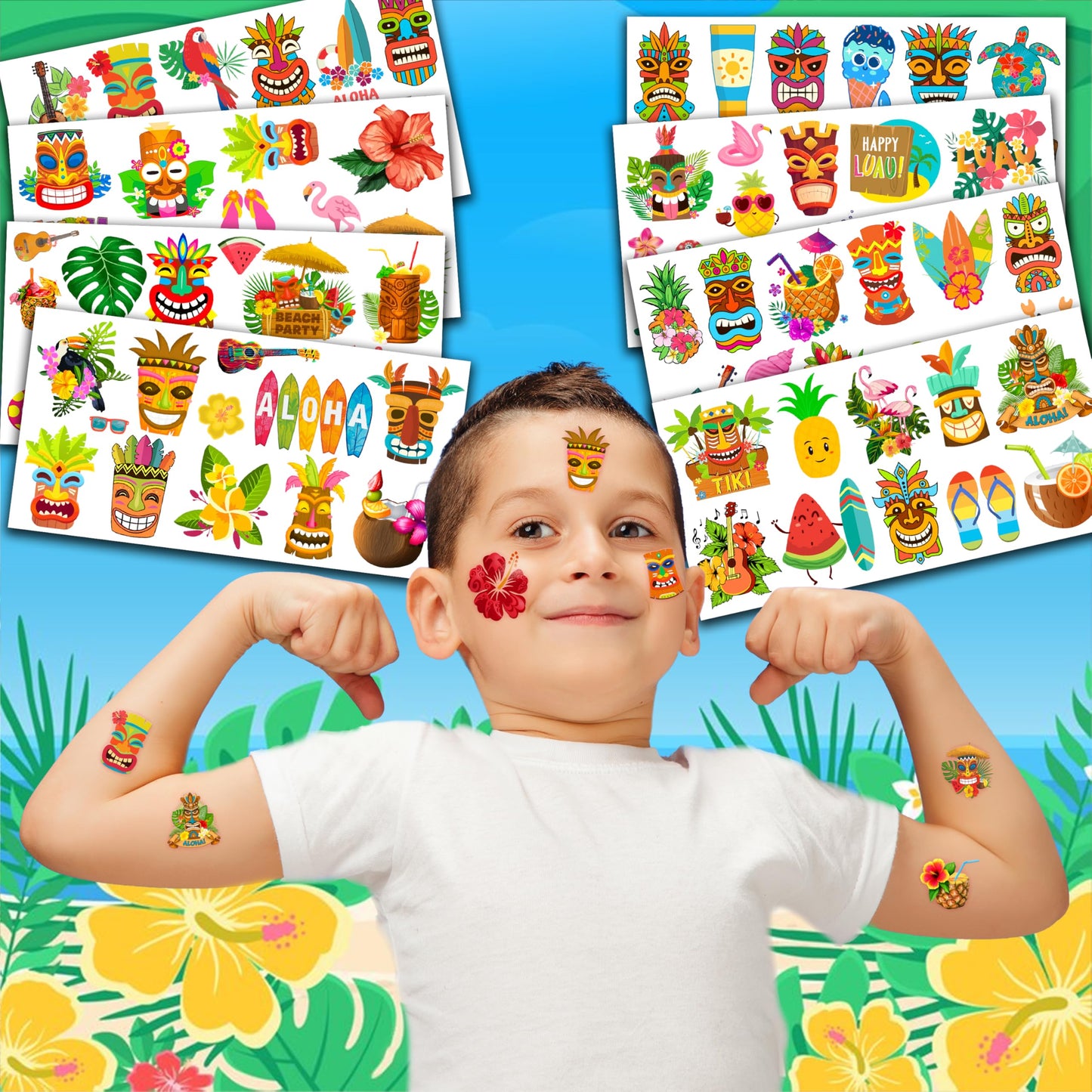 Luau Temporary Tattoos for Kids - 96 PCS, 8 Sheets