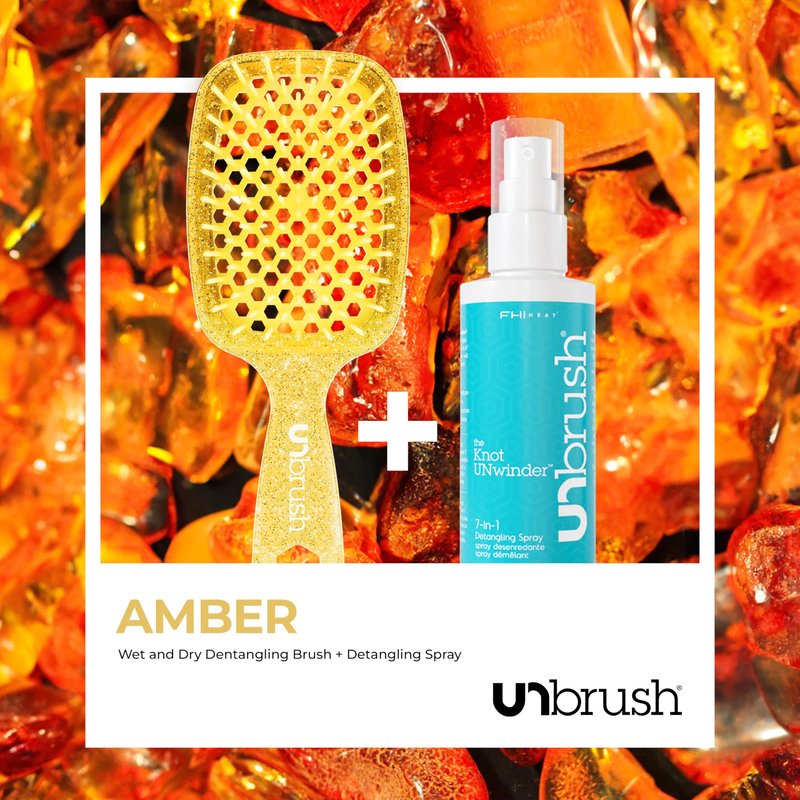 FHI Heat UNbrush Detangling Brush and UNwinder Detangling Spray Combo Pack - Tangle-Free Hair, Pain-Free Brushing, Anti-Static Bristles, Lightweight Hair Brush, Amber Yellow