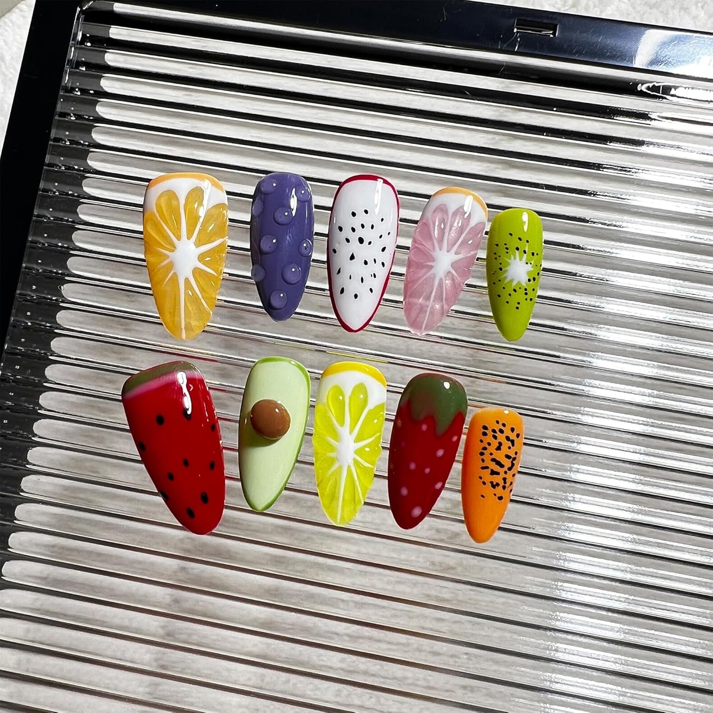 Handmade Press On Nails - 3D Fruit Design Medium Almond Tips, 10pcs Reusable Acrylic | Long-Lasting & Easy Fit