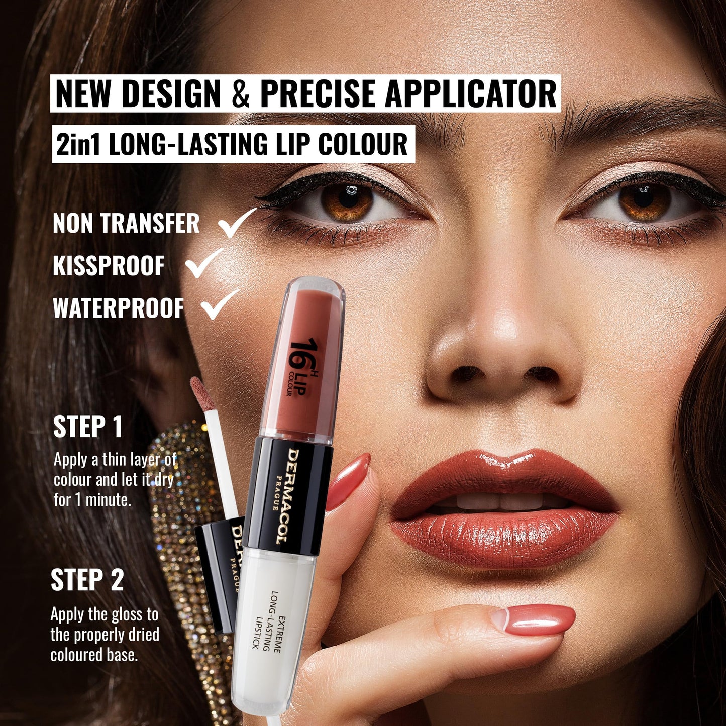 Dermacol NEW 16-Hour Lip Colour, Highly Pigmented Glossy Lip Stain, Two-Phase Lip Plumper Gloss, Kissproof Lip Makeup Products with Matte and Glitter Finish, n. 23