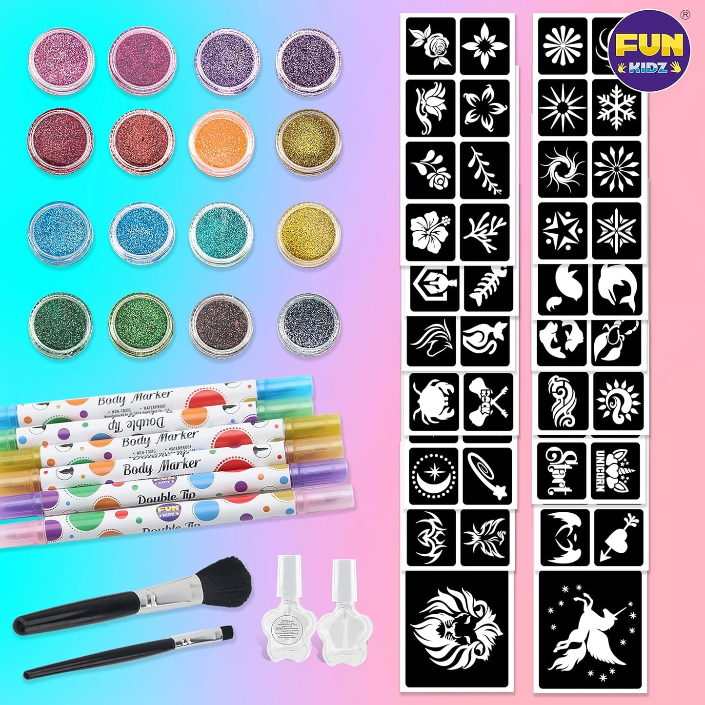 Tattoo Kit for Kids Ages 8-12 | FunKidz Sparkle Brush Body Art Markers & 106 Stencils