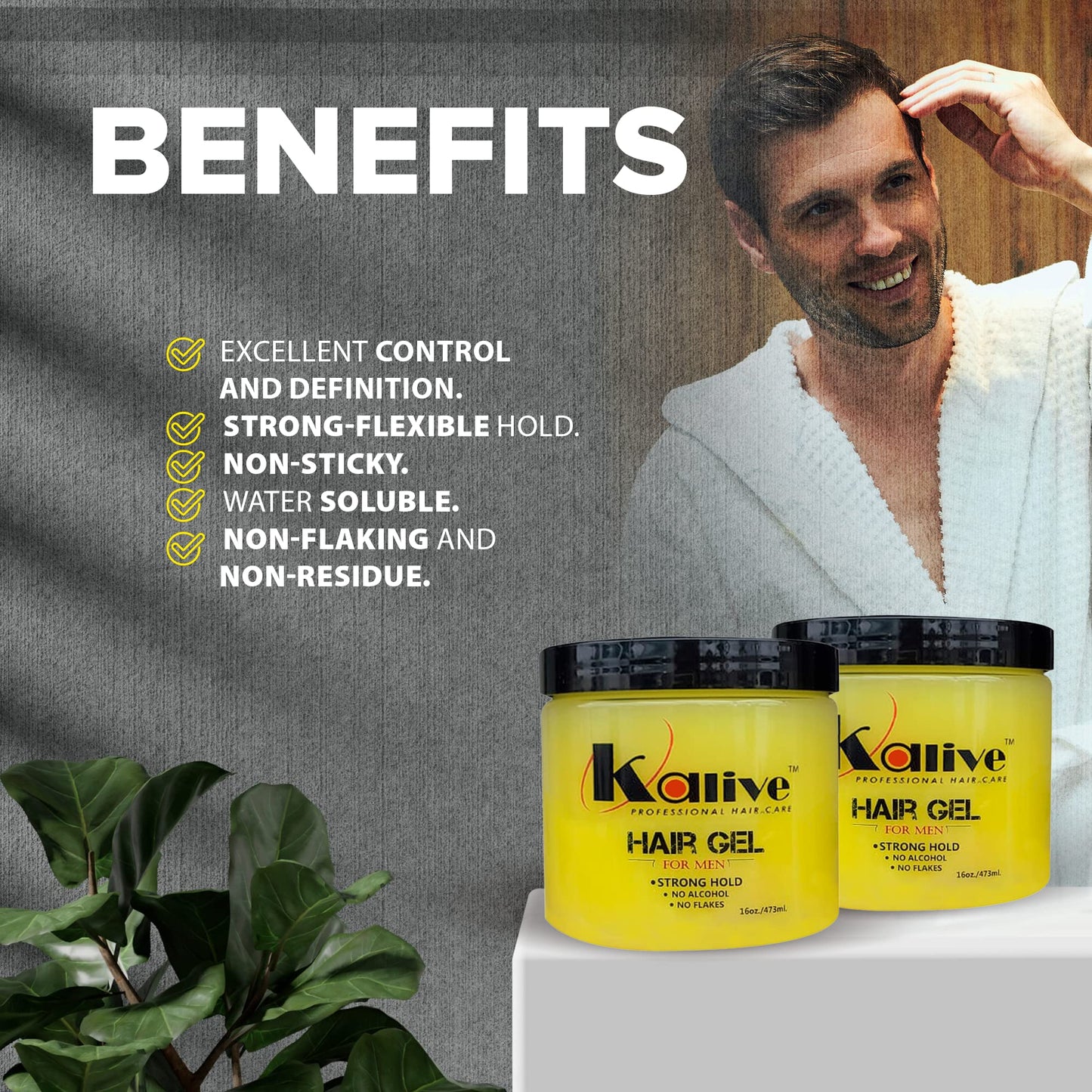 KALIVE Men's Hair Styling Gel 16 oz, (2-pack), Strong-Hold and Light Shine all day, Mens Hair Product fresh scent No Flaking or Alcohol