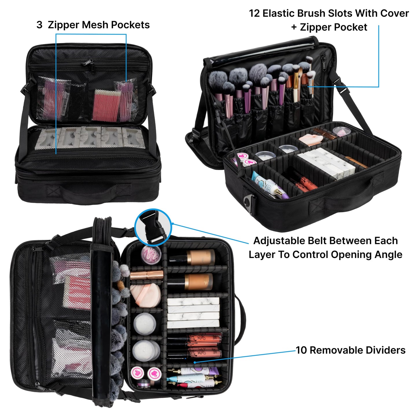 Carrywell Makeup Bag Travel Case, Not-Made In China, Hard Train Case for Cosmetics, Portable Beauty Artists Organizer, Storage Box With Adjustable Dividers For Make Up and Brushes, Medium Black
