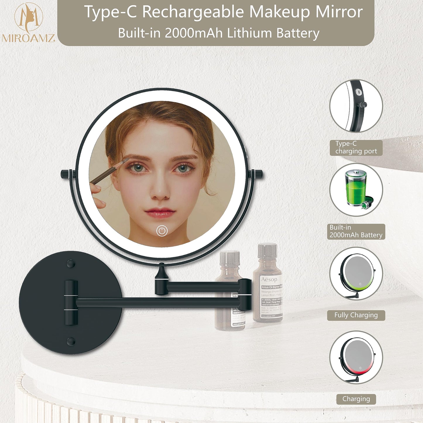 MIROAMZ Rechargeable Wall Mounted Lighted Makeup Vanity Mirror 8 Inch Double Sided 1X 10X Magnifying Bathroom Mirror, 3 Color Lighting, Touch Screen Dimming, 360 Rotation Shaving Matte Black