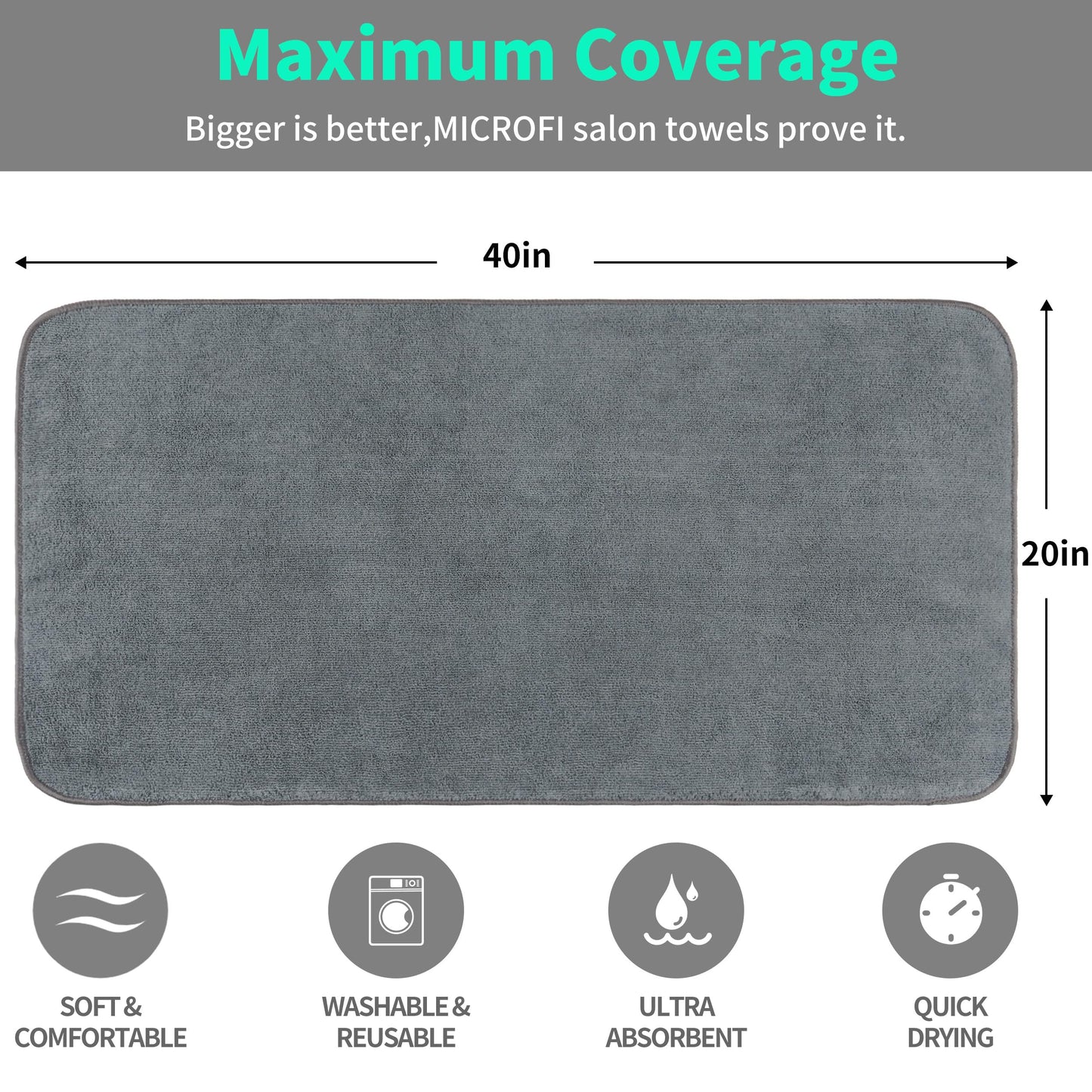 MICROFI New Microfiber Hair Drying Salon Towels, Quick Dry, Lint Free, 2 Pack 340 GSM (Gray)