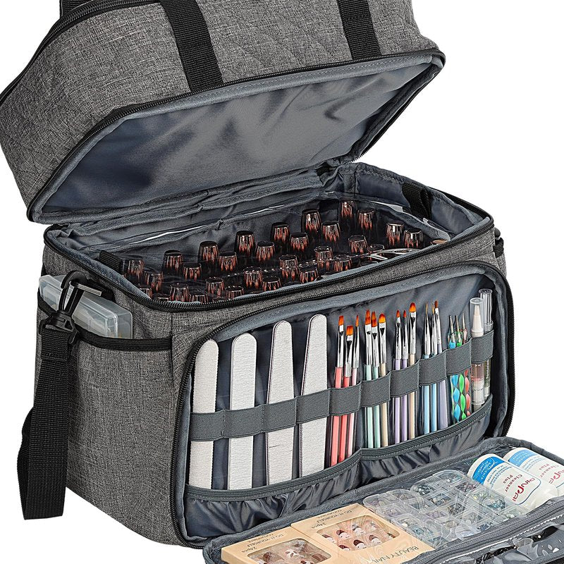 HOMEST Double Layer Nail Polish Organizer Holds 80 Bottles (15ml/0.5 fl. oz) and a Lamp, Case with 2 Removable Pouches for Manicure Tools Storage, Grey(Bag Only)