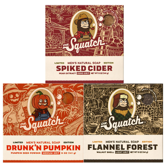 Dr. Squatch Fall Collection - Natural 3 Soap Gift Set - Cold Process Soap with No Harsh Chemicals - Drunk'n Pumpkin, Spiked Cider, Flannel Forest (3 Pack)