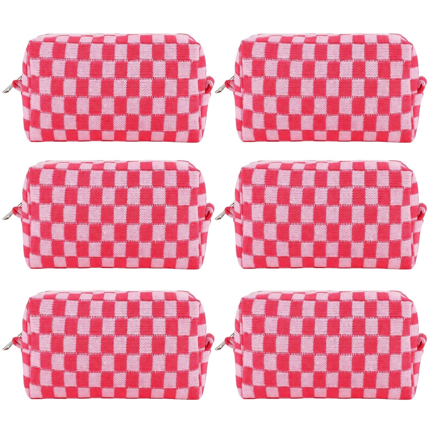 Checkered Pencil Case Set - Cute 6-Piece Pouch for Teens | Pink Medium Makeup & Travel Organizer