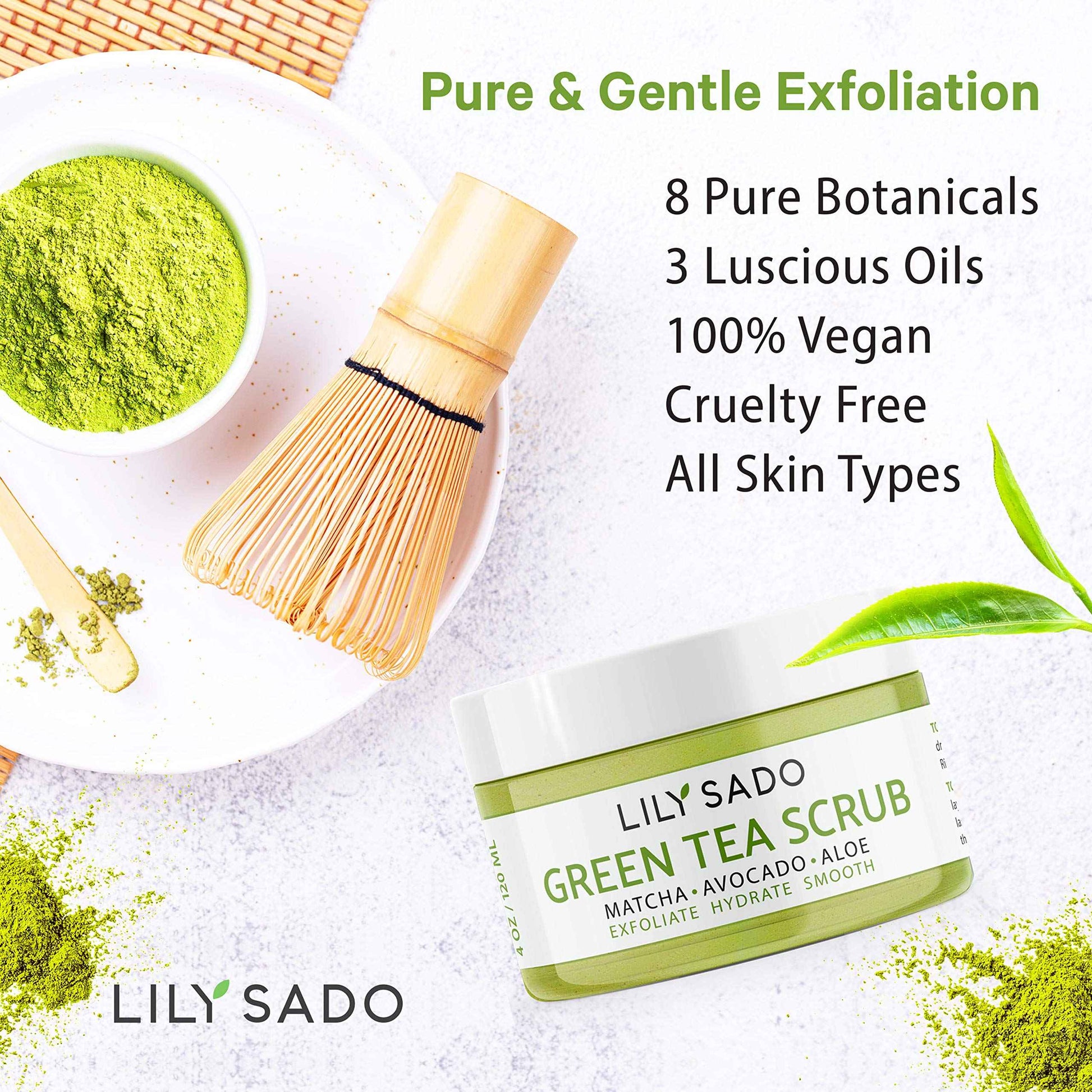 LILY SADO MATCHA MADE IN HEAVEN™ Sugar Facial Scrub - Best Daily Facial Exfoliating Cleanser for Women & Men - Vegan Face Wash Exfoliates Skin, Treats Acne, Reduces Pore Size - 4 oz