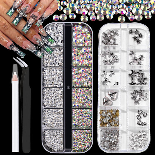 3D Nail Gems and Rhinestones Glitter Ab Flatback Rhinestones Metal Cross Heart Nail Star Gothic Nail Charms with Pickup Pen Tweezers