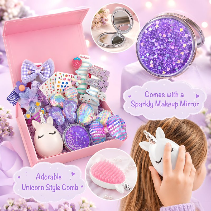 Hair Accessories for Girls Gift Set - Girl Hair Accessories Kit for Kids Ages 4-8, Purple Hair Clips, Barrettes, Ponytail Ties, Bows, Mirror & Unicorn Comb, Toddler Hair Set
