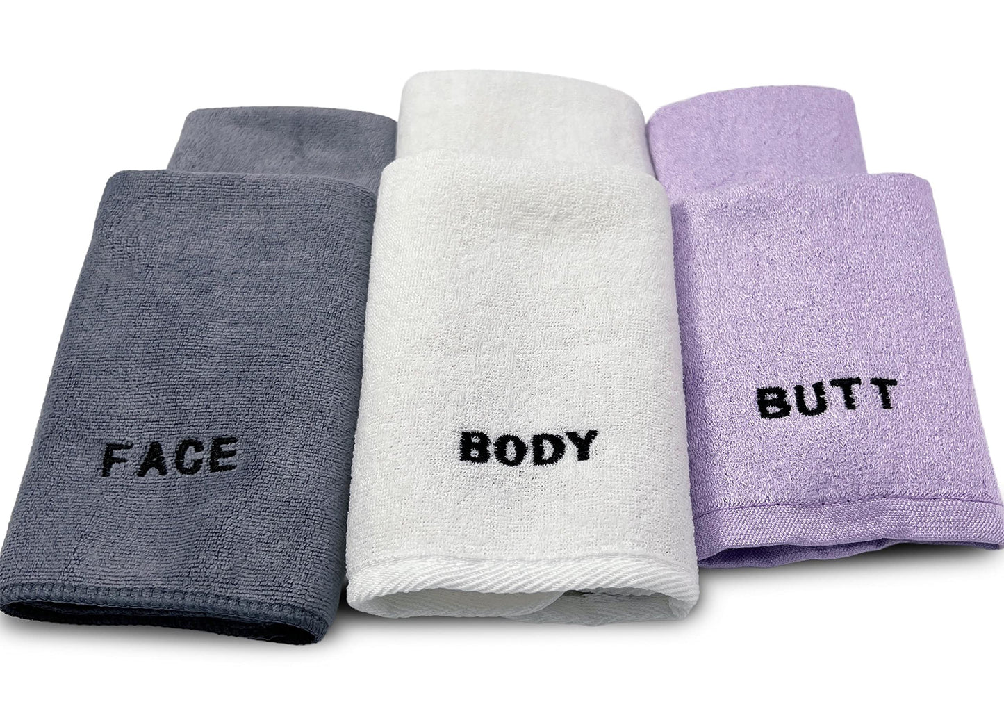 Crafty Cloth 6-Piece Washcloth Set – Face, Body, Butt Cloths | 3 Distinct Textures | Ultra-Soft, Rigid Exfoliation, and Hygiene Cloths for Sensitive Areas (Gray,White,Purple, Embroidered 6-Piece Set)