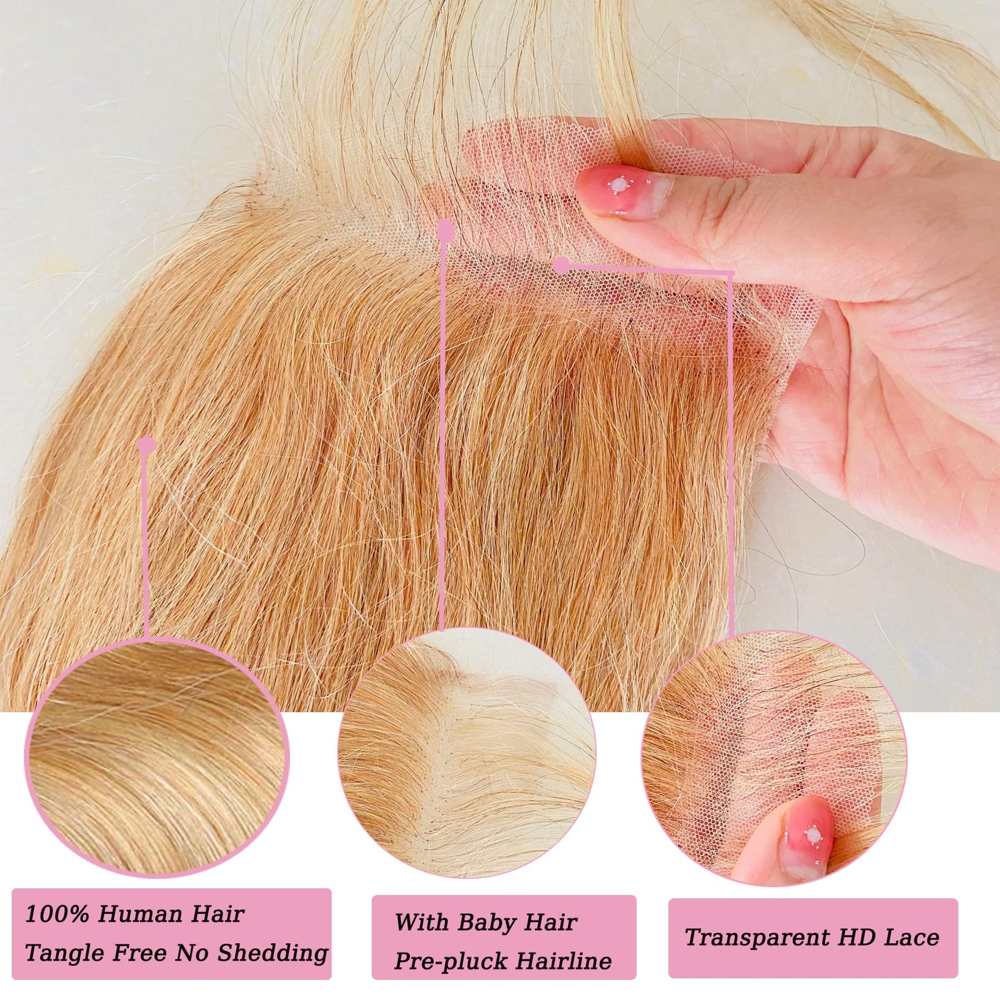 5x5 Blonde Lace Front Closure Human Hair Color 27 Closure Bleached Konts Transparent Lace Closures 10a Swiss Lace Closure Soft Virgin Hair Natural Hairline Free Part 16 Inch