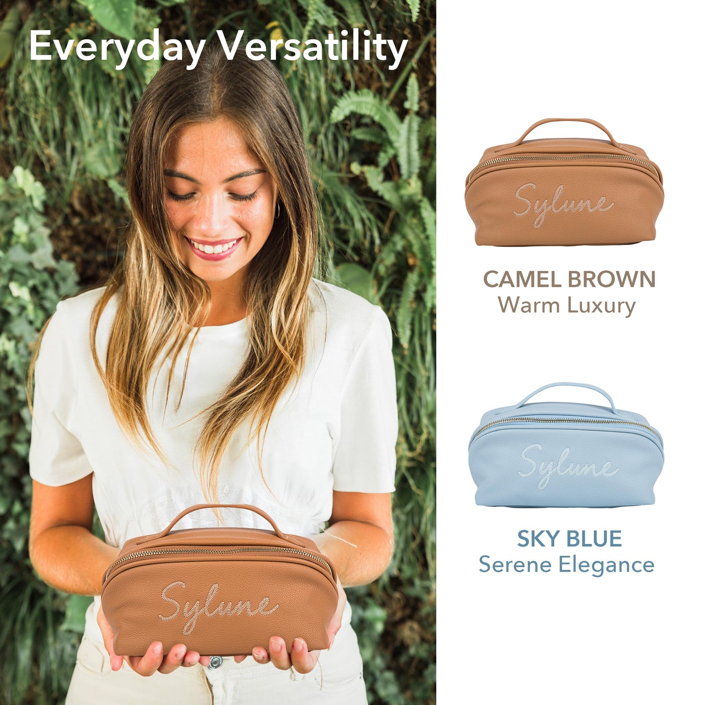 Sylune Classic Makeup Bag - Pebbled Faux Leather Travel Cosmetic Organizer, Water-Resistant Toiletry Bag with Handle, Luxury Gift for Women (Camel Brown)