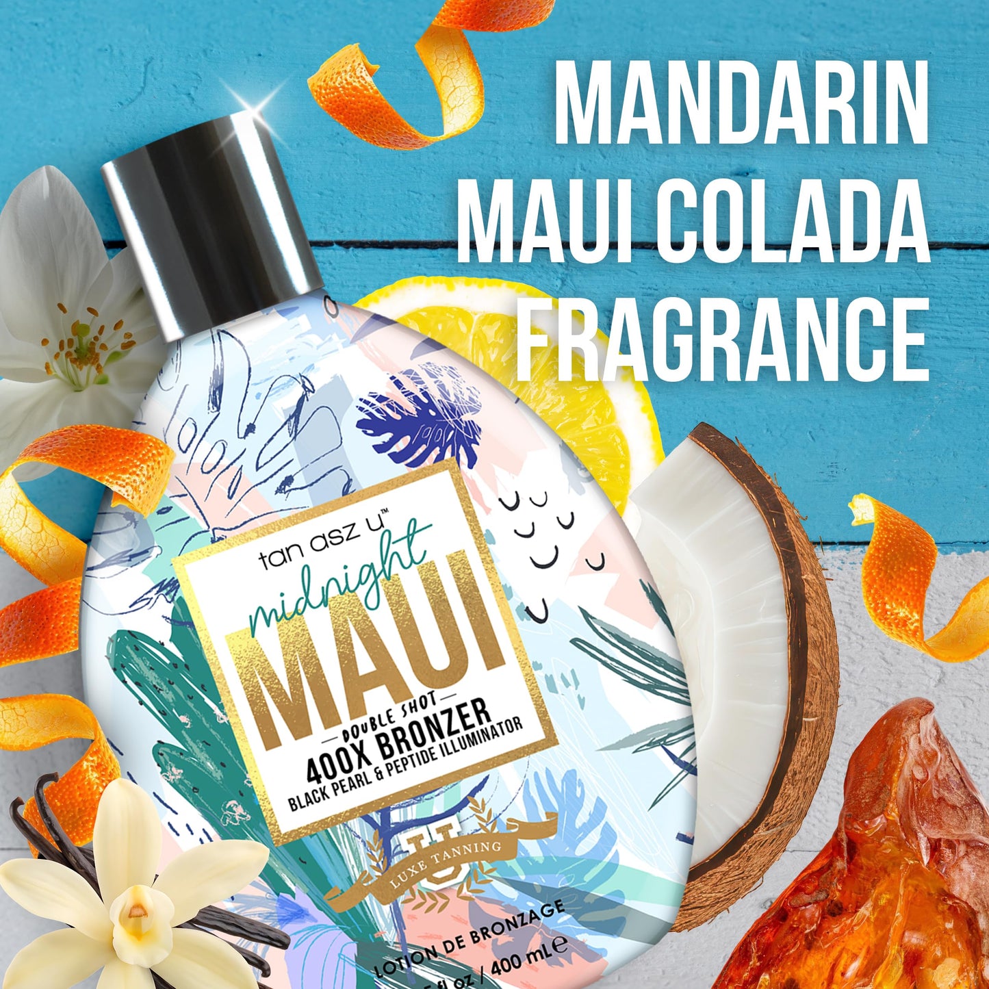 Tan Asz U Midnight Maui Tanning Lotion, Double Shot 400X Bronzer, Black Pearl & Peptide Illuminator, Tanning Lotion with Inktuition Tattoo Complex, 13.5 Fl Oz