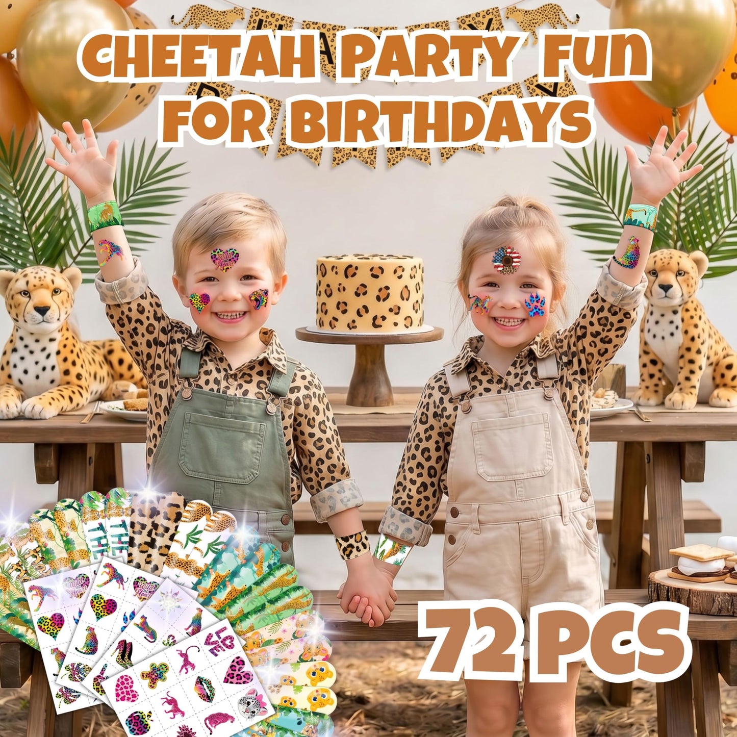 Cherisnowy 72 PCS Cheetah Party Favors 48PCS Tattoos Sticker and 24PCS Slap Bracelets Wristbands Perfect for Themed Birthday Baby Showers or Classroom Rewards Ideal Decor and Gifts for Girls and Boys