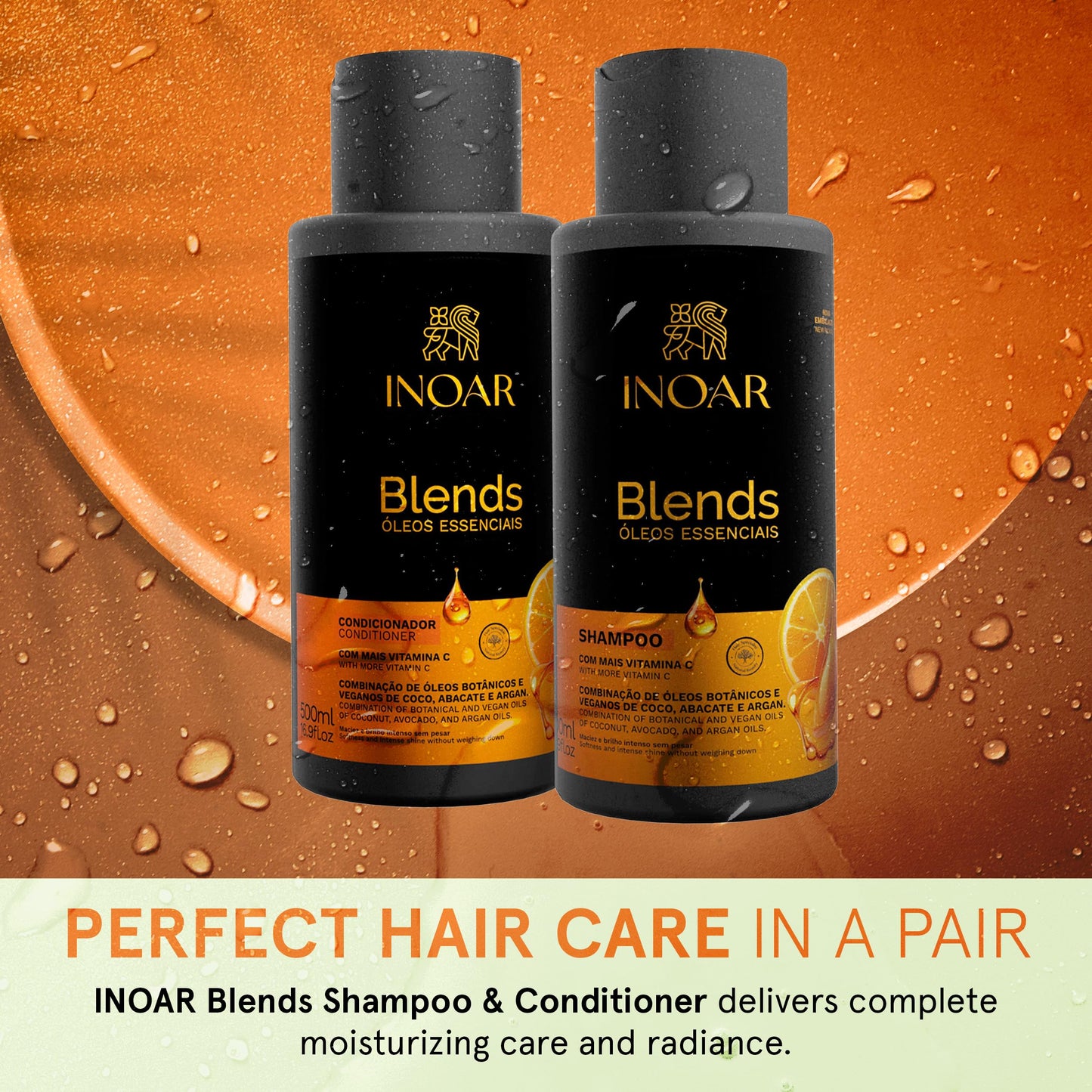 Inoar Blends Shampoo & Conditioner Kit with Vitamin C, Coconut, Avocado and Argan Oils for Deep Hydration, Repair, Shine, 16.9 Fl Oz Each