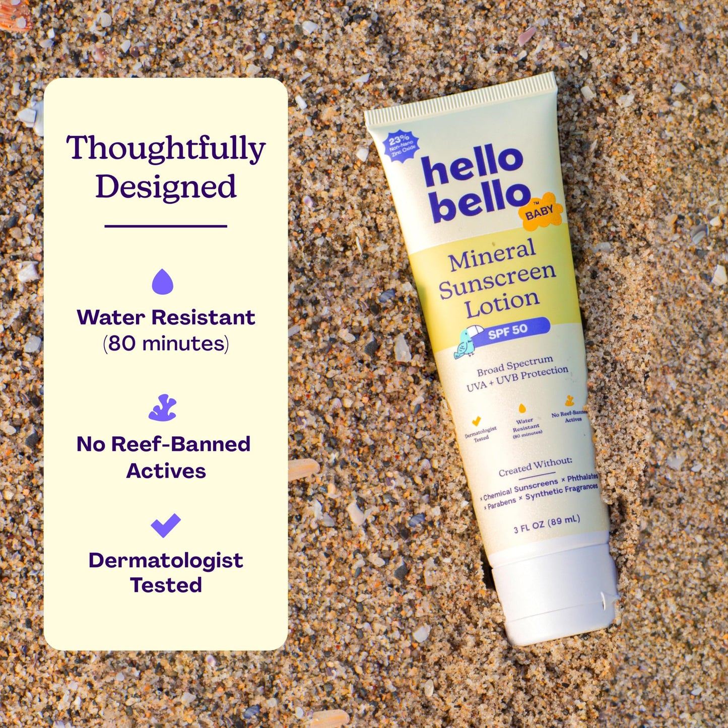 Hello Bello Baby Mineral SPF 50 Sunscreen Lotion with Broad Spectrum UVA + UVB Protection, Water Resistant and Reef Friendly Sun Protection for Babies and Kids, 3 fl oz (Pack of 1)