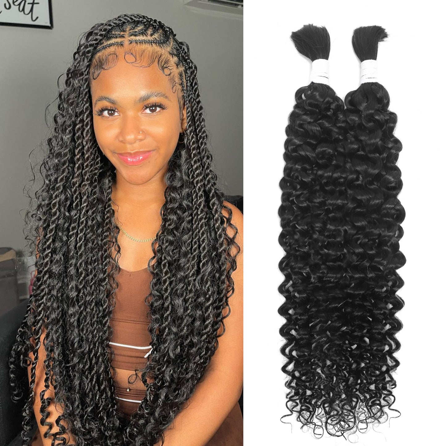 Human Braiding Hair for Boho Braids 100g 18 Inch Water Wave Bulk Human Hair for Braiding Knotless 100% Unprocessed 12A Brazilian Virgin Hair Extensions 2 Bundles/Pack Natural Color