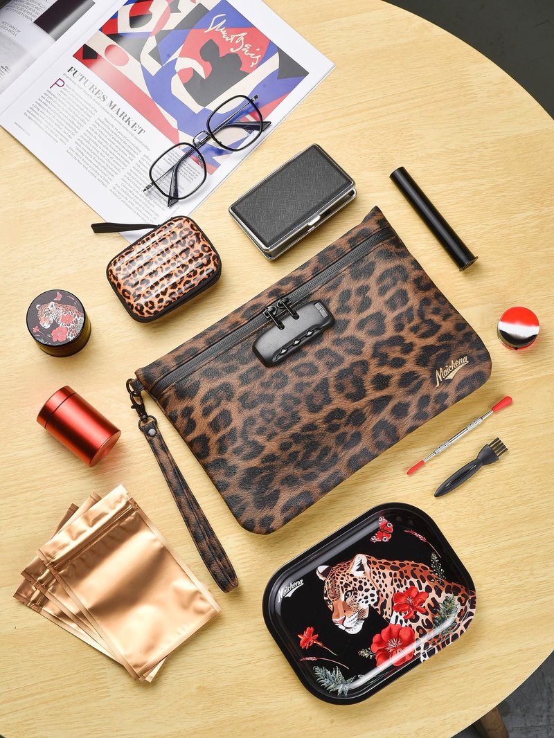 MAICHENG Storage Bag with Combination Lock and Accessories Travel Medicine Bag Container Money Cosmetic Organizer Great Gifts for Women Leopard