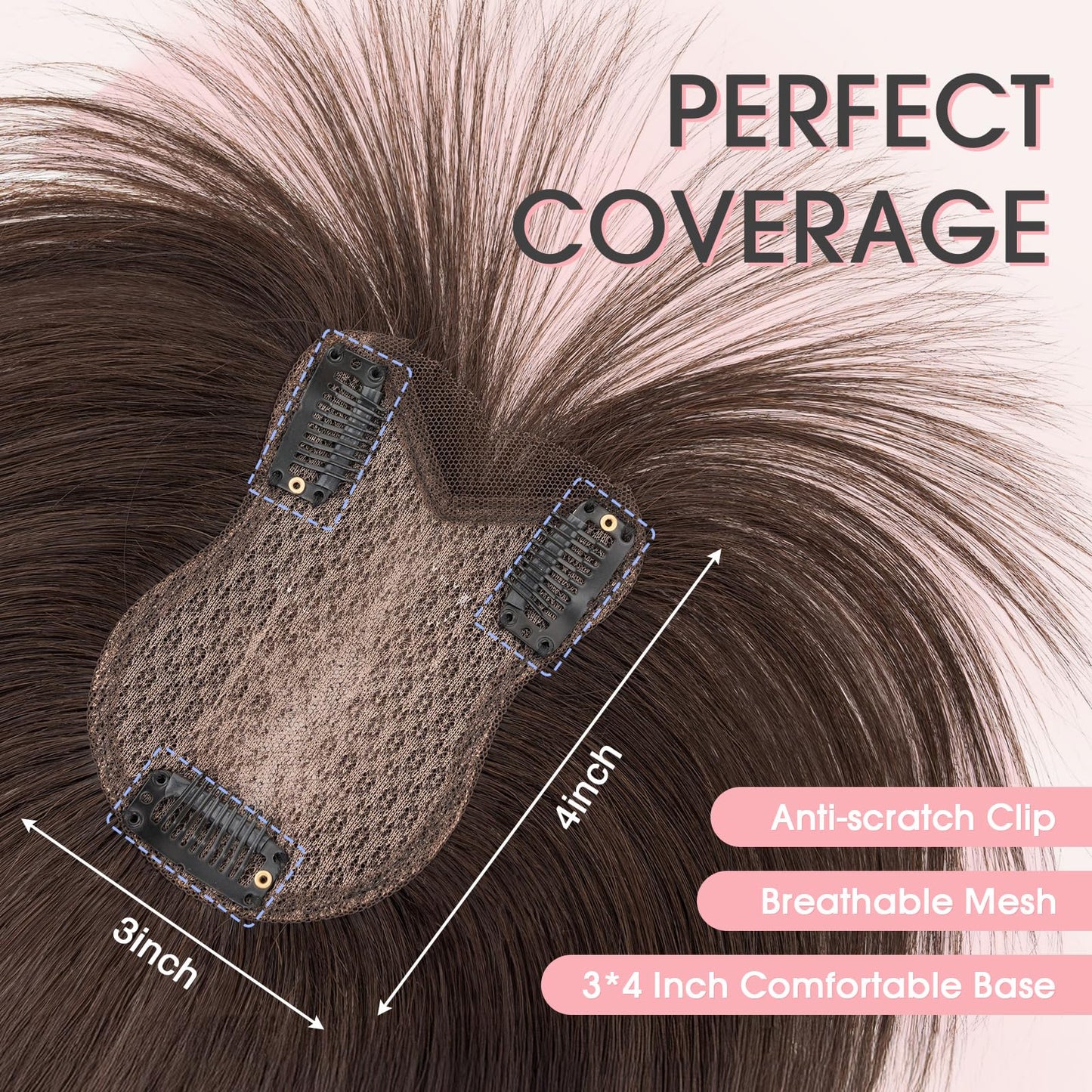 TESS Hair Toppers for Women Real Human Hair, 11Inch 360° 3D Cover Human Hair Topper with Bangs Clip in Hairpieces for Women Daily Wear Clip in Wispy Bangs Dark Brown