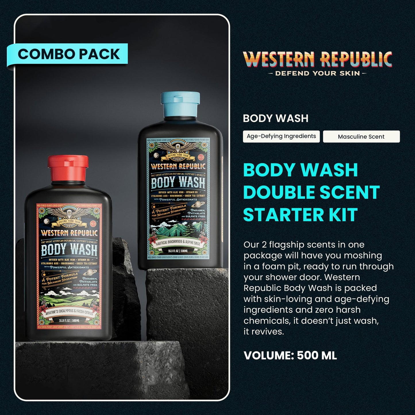 Western Republic - Aviator’s Eucalyptus & Fresh Citrus & Nautical Birchwood & Alpine Sage Body Wash Shower Gel - Hydrating Cleanser - 500ml 2 Pack