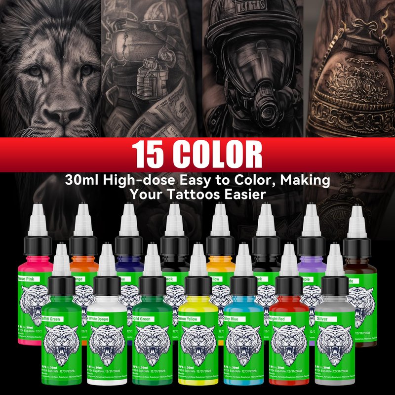 15 Colors Tattoo Ink Set,1oz (30ml) Tattoo Ink Colors Set for Shading&Outlining,Professionals Tattoo Pigments for Tattoo Body Art