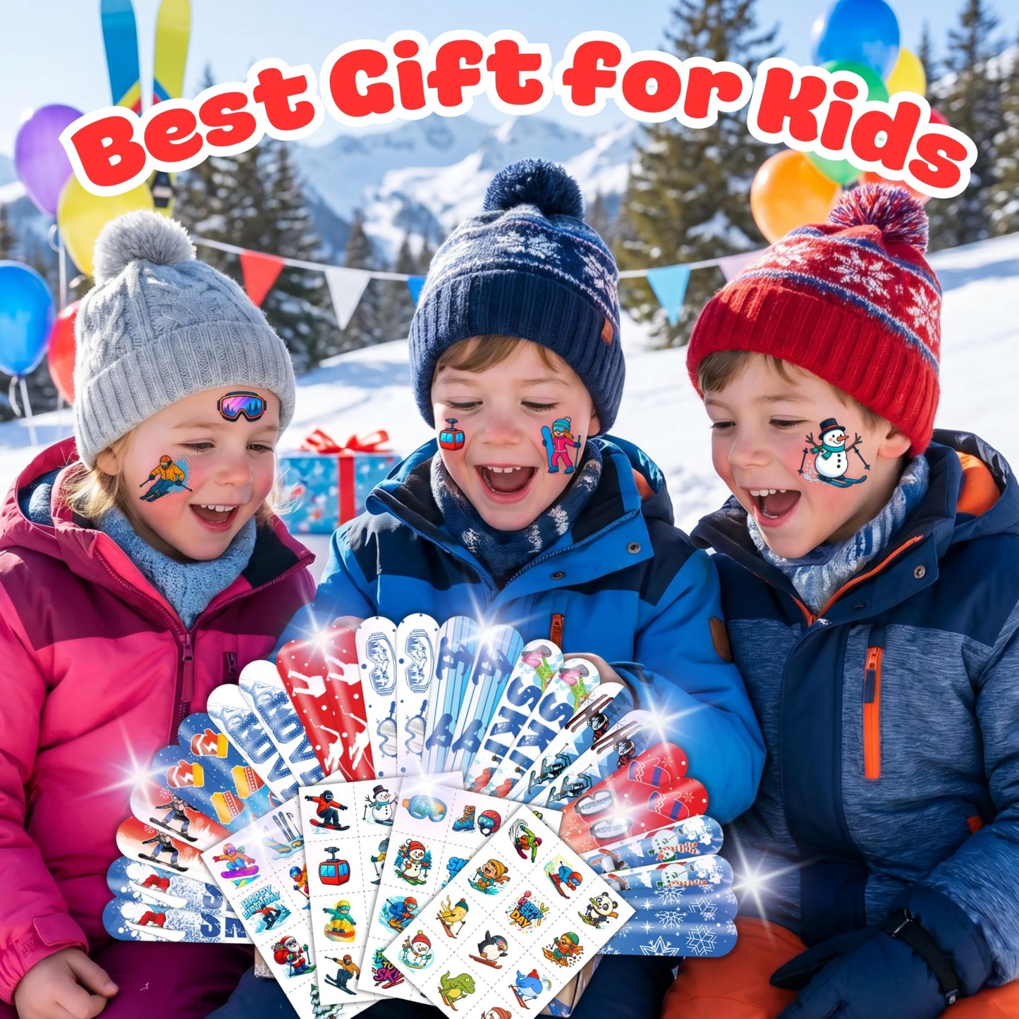 72PCS Skiing Party Set - 48PCS Temporary Tattoos & 24PCS Slap Bracelets - Fun Winter Sports-Themed Birthday Supplies, Baby Shower Gifts, Classroom Rewards & Party Decor for Kids (Boys & Girls)