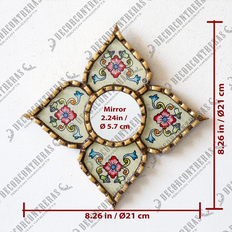 DecorContreras Small Peruvian Mirror, Handmade Artisan Mirror Wall Decor, Reverse Painted Glass Diamond Shape Mirrors 8.26" (Beige)