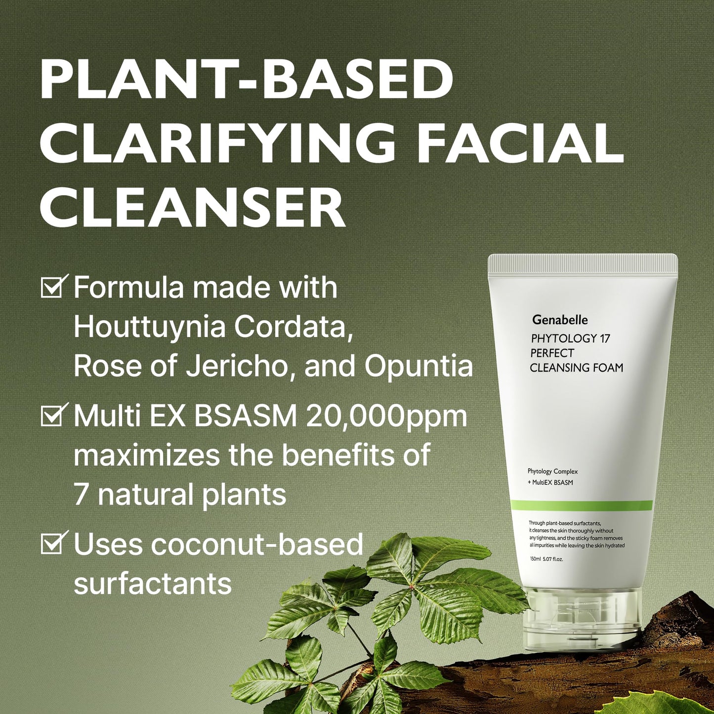 Genabelle Phytology 17 Perfect Cleansing Foam – Skin-Soothing Gentle Coconut-Derived Cleanser, Luxurious Rich Foam for Deep Pore Cleansing & Soothing Sensitive Skin