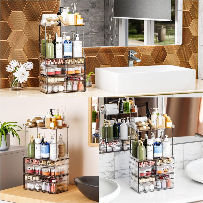 3 Pack Bathroom Organizers and Storage Countertop With 7 Drawers,Stackable Vanity Drawer Organizer for Makeup,18.9" Tall Large Capacity Skincare Organizer and Exquisite Makeup Organizer,Black