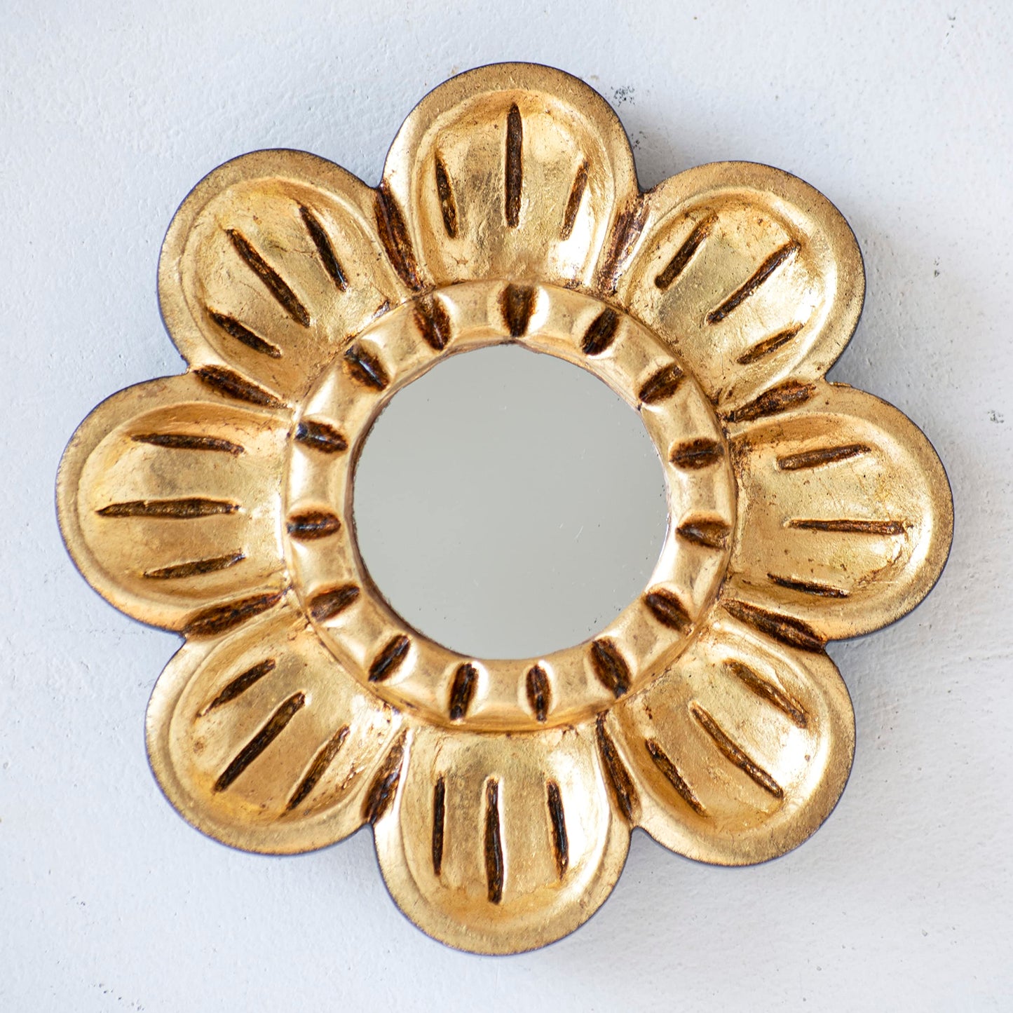 DecorContreras Peruvian Gilded Bronze Leaf Round Mirror 6”- Luxury Hand-Carved Wood Flower Wall Art - Small Space Art