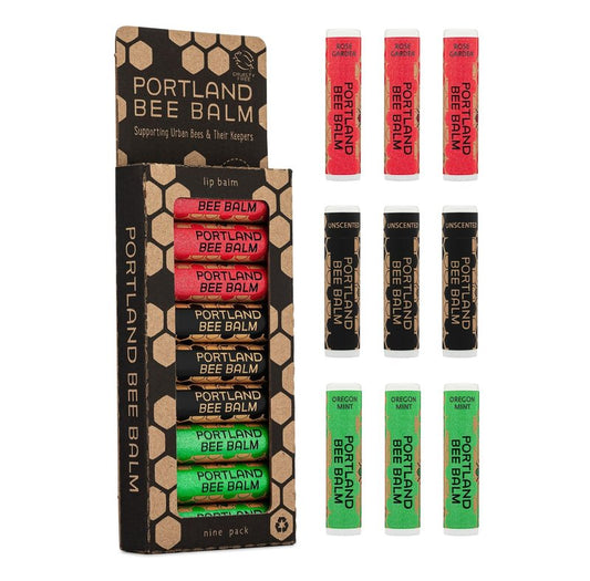Portland Bee Balm All Natural Handmade Beeswax Lip Balm with Organic Coconut and Olive Oil (Unscented, Oregon Mint & Rose Garden) - 9 Count | Natural Lip Balm, Cruelty Free, Plastic Neutral