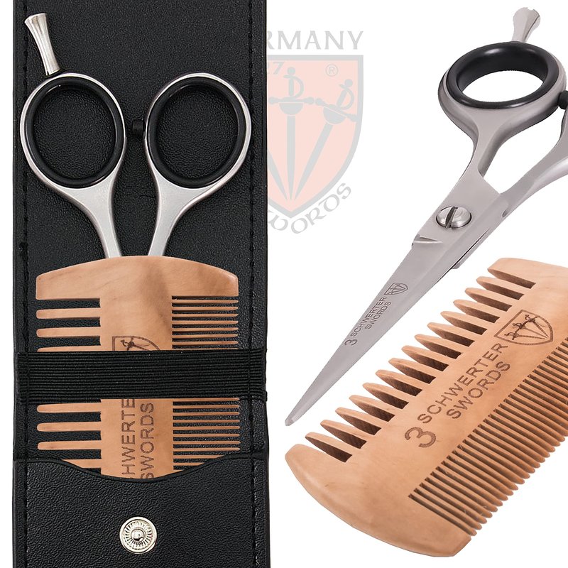 3 Swords Germany – professional BEARD MUSTACHE HAIR SCISSORS with BEARD COMB, stainless steel, straight blade, sharp, with black case