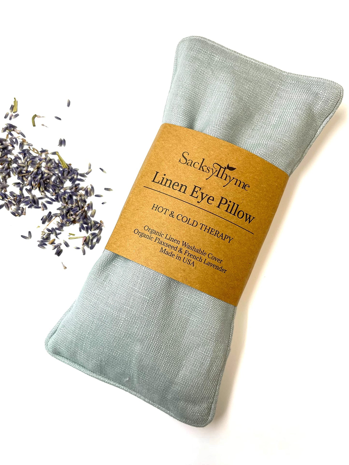 Sacksy Thyme Organic Linen Eye Pillow - Lavender & Flaxseed for Relaxation, Yoga, Stress Relief - Microwavable Heating Pad & Cool Compress - Made in USA - Gifts for Meditation - (Lavender)