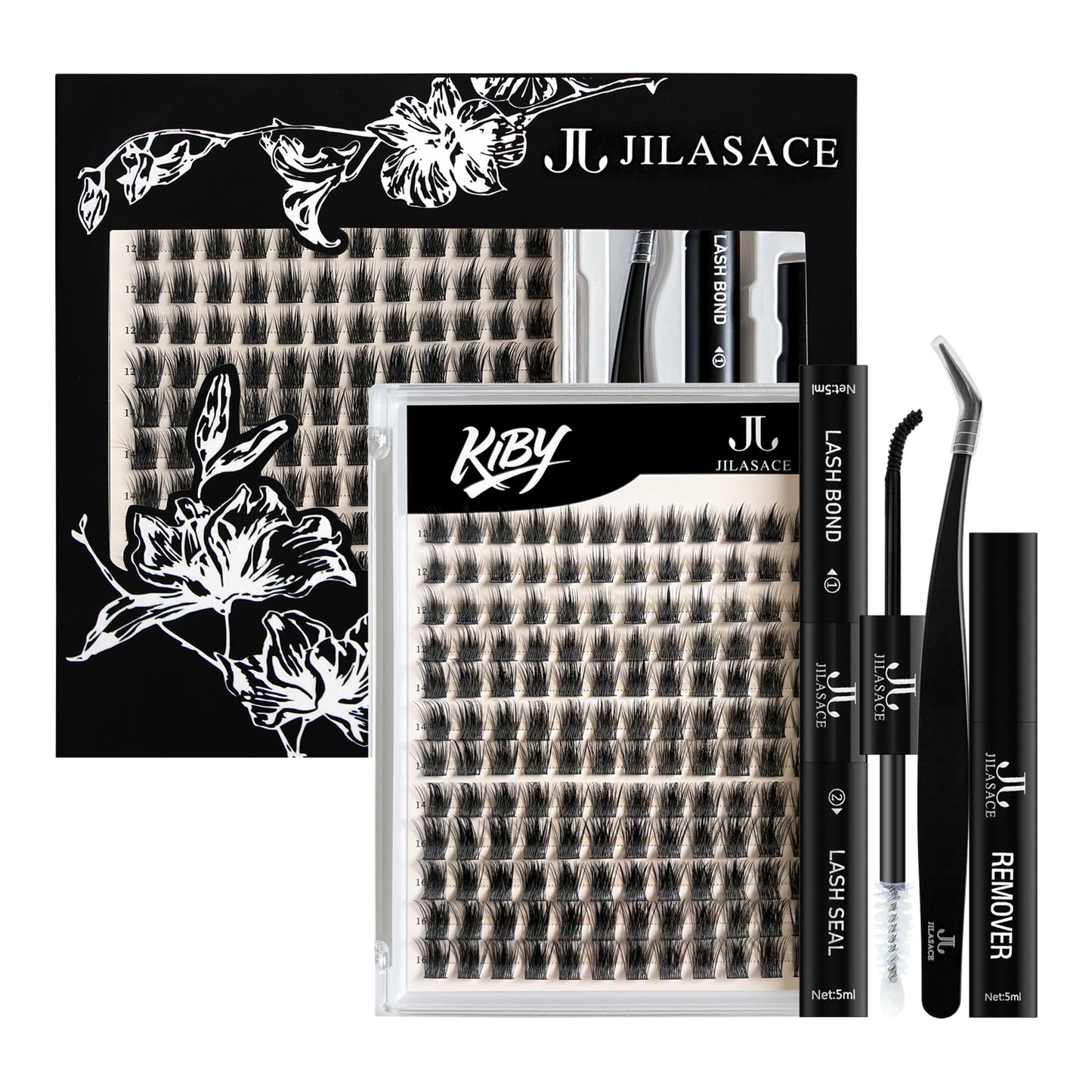 JILASACE KIBY DIY Lash Extension Kit, 144-Piece D Curl Cluster Lashes 12-16mm with Bond and Seal, Remover and Applicator, Natural Wispy Style for Beginner-Friendly At-Home Use