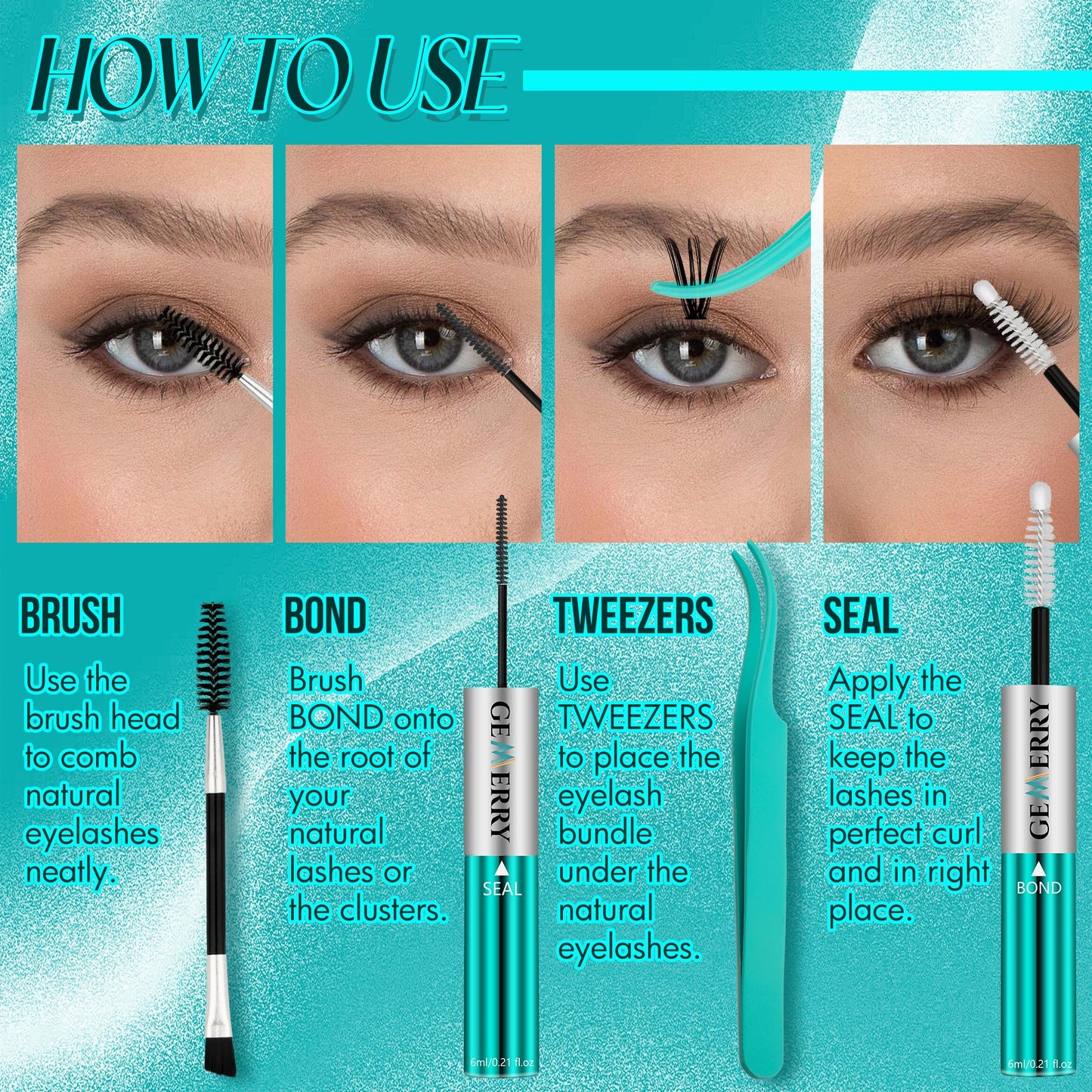 GEMERRY Lash Bond and Seal Kit Lash Cluster Glue Waterproof Strong Hold 72-96 Hours Bond and Seal Lash Glue for DIY Lash Extensions Kit with Eyelash Tweezers Kit