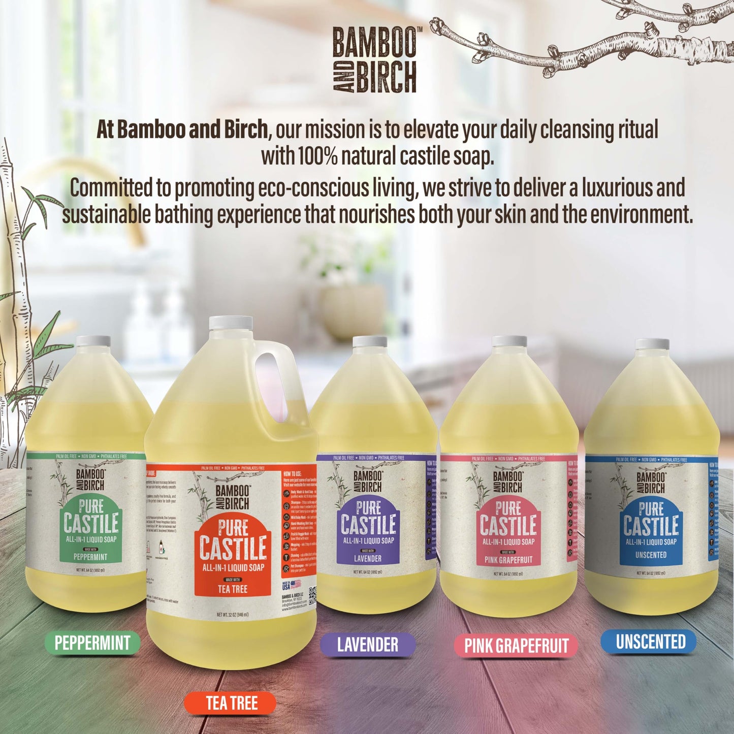 BAMBOO AND BIRCH Pure Castile Soap Liquid, Certified Palm Oil Free Natural Soap, Lavender, 1 Gallon