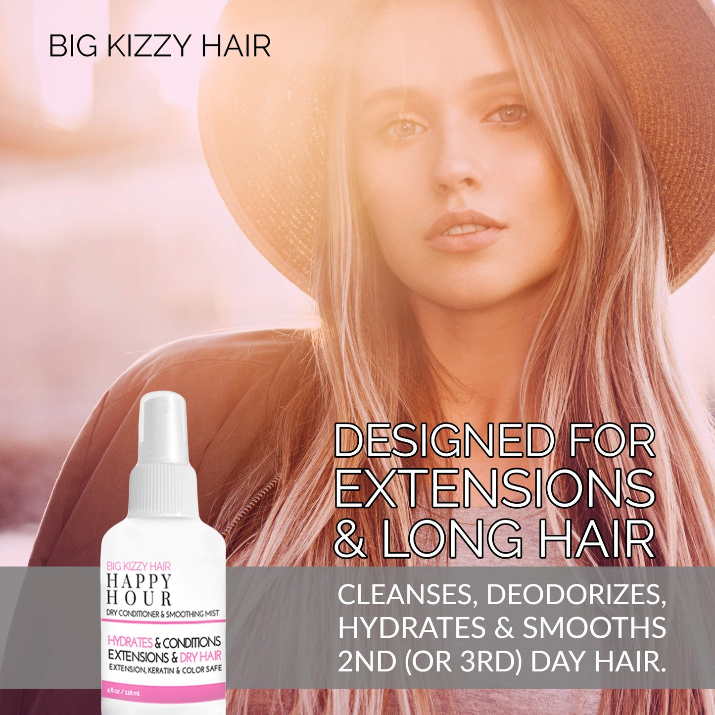 Big Kizzy Happy Hour Dry Conditioner Spray - Marula Oil adds Moisture + Shine to dry and damaged hair - Smoothing Spray removes Frizz on all Hair Types and Textures with No Residue, 4 oz