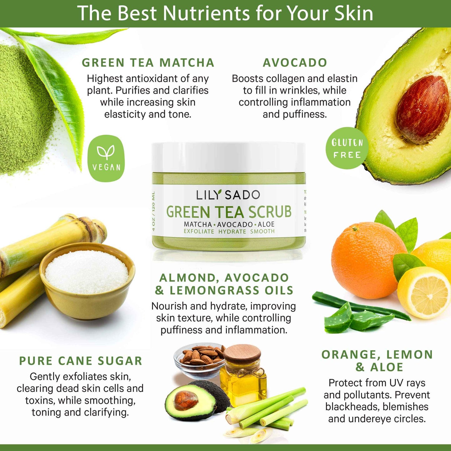 LILY SADO MATCHA MADE IN HEAVEN™ Sugar Facial Scrub - Best Daily Facial Exfoliating Cleanser for Women & Men - Vegan Face Wash Exfoliates Skin, Treats Acne, Reduces Pore Size - 4 oz