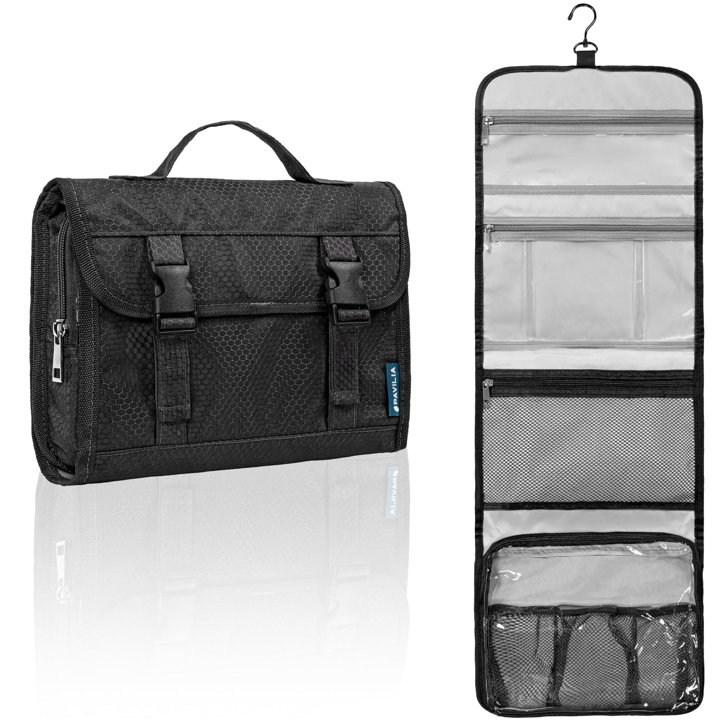 PAVILIA Travel Hanging Toiletry Bag for Women Men, Extra Large Capacity Makeup Bag Kit, Waterproof Cosmetic Storage Organizer Case for Bathroom Shower, Black