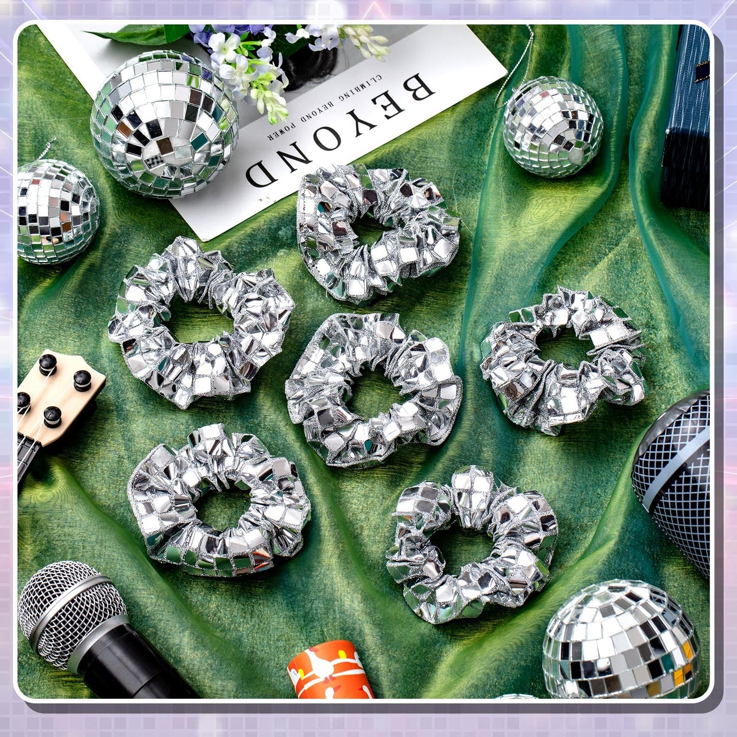 Lyrow 24 Pack Disco Ball Party Favors Sequin Bulk Hair Scrunchies Silver Shiny Glitter Sparkle Disco Metallic Accessories for 80s 90s Gift Birthday Western Bridal Shower Bachelorette (Silver)