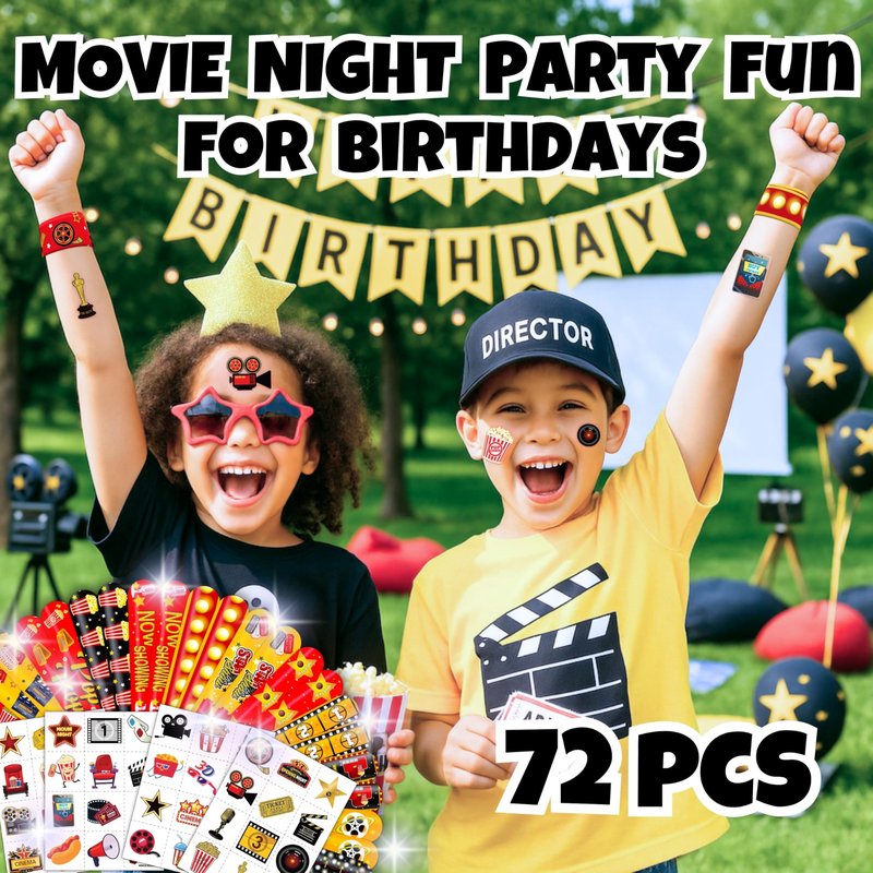 72PCS Movie Night Party Set - 48PCS Temporary Pre - Cut Tattoos & 24PCS Slap Bracelets - Fun Birthday Supplies, Baby Shower Gifts, Classroom Rewards & Movie-Themed Decor for Kids (Boys & Girls)
