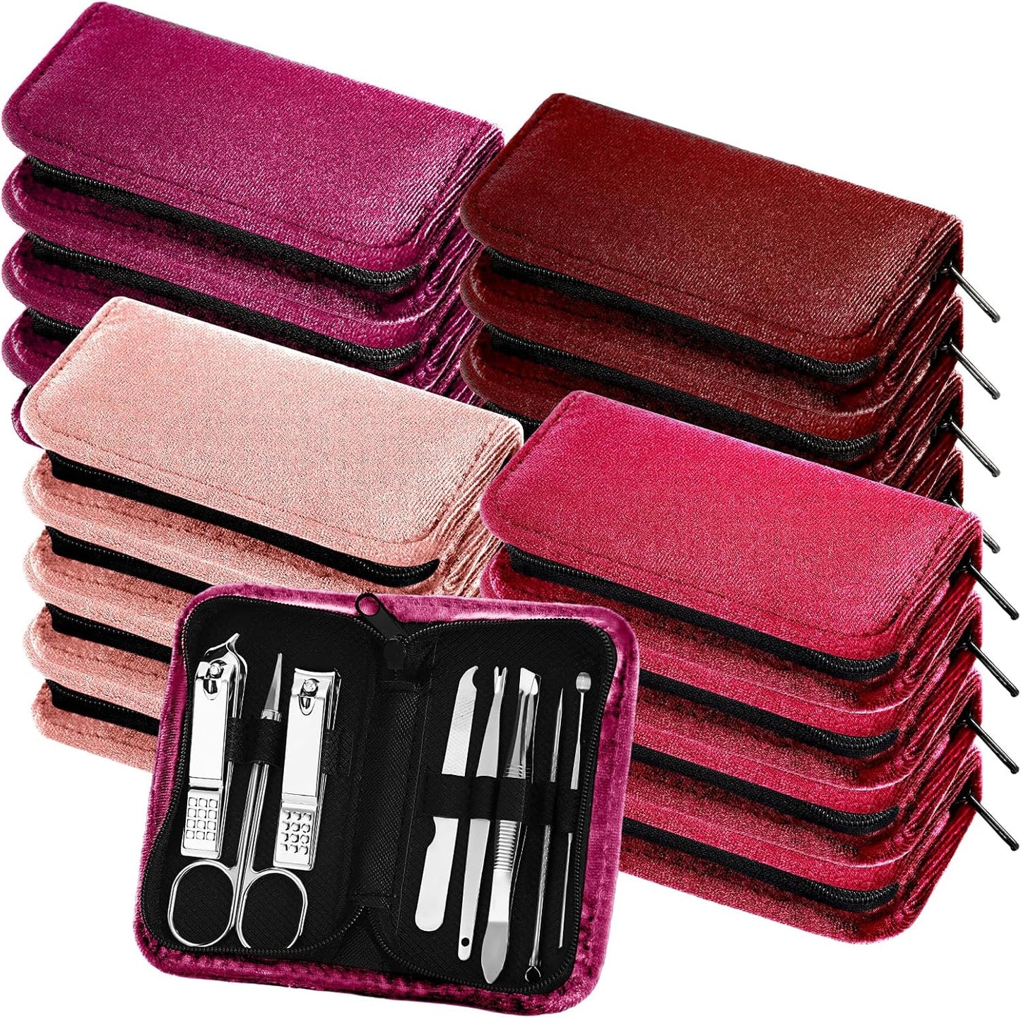 Mini Manicure Set - 24 Sets Nail Grooming Kit for Men & Women | Luxurious Travel Case, Stainless Steel, 8-in-1 (Red)