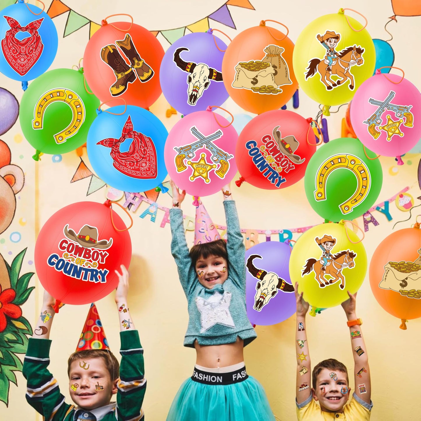 72 PCS Cowboy Party Favors for Kids – 48 Pre-Cut Temporary Tattoos & 24 Cowboy Punch Balloons Themed Birthday Party Decorations Supplies Favors Gifts, Goodie Bag Fillers, Classroom Rewards